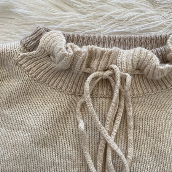 Trunk Project Korean Cream Knit Ruffled Tie Neck Oversized Wool Sweater - Picture 4 of 11